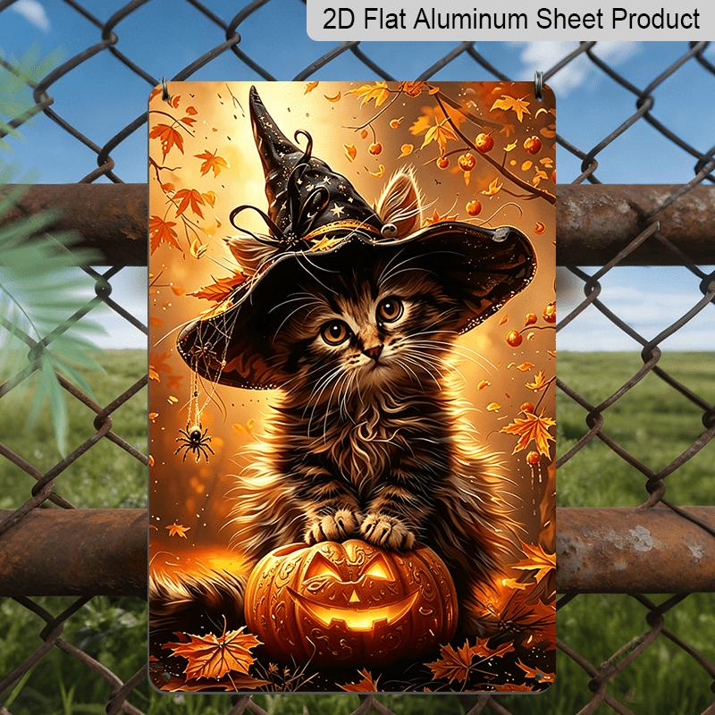 2D Flat, 1pc Autumn Maple Witch Kitty Halloween Aluminum Sign, Pumpkin Decorative Sign, Fun Decor, Halloween Artwork Wall Decor, Modern Wall Art, for