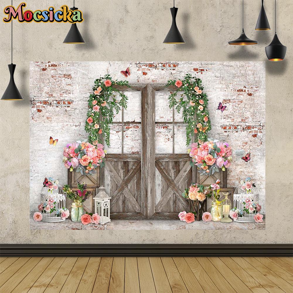 Mocsicka Spring Flower Photography Background Garland Newborn Portrait Baby Show Easter Theme Wooden Door Birthday Party Banner