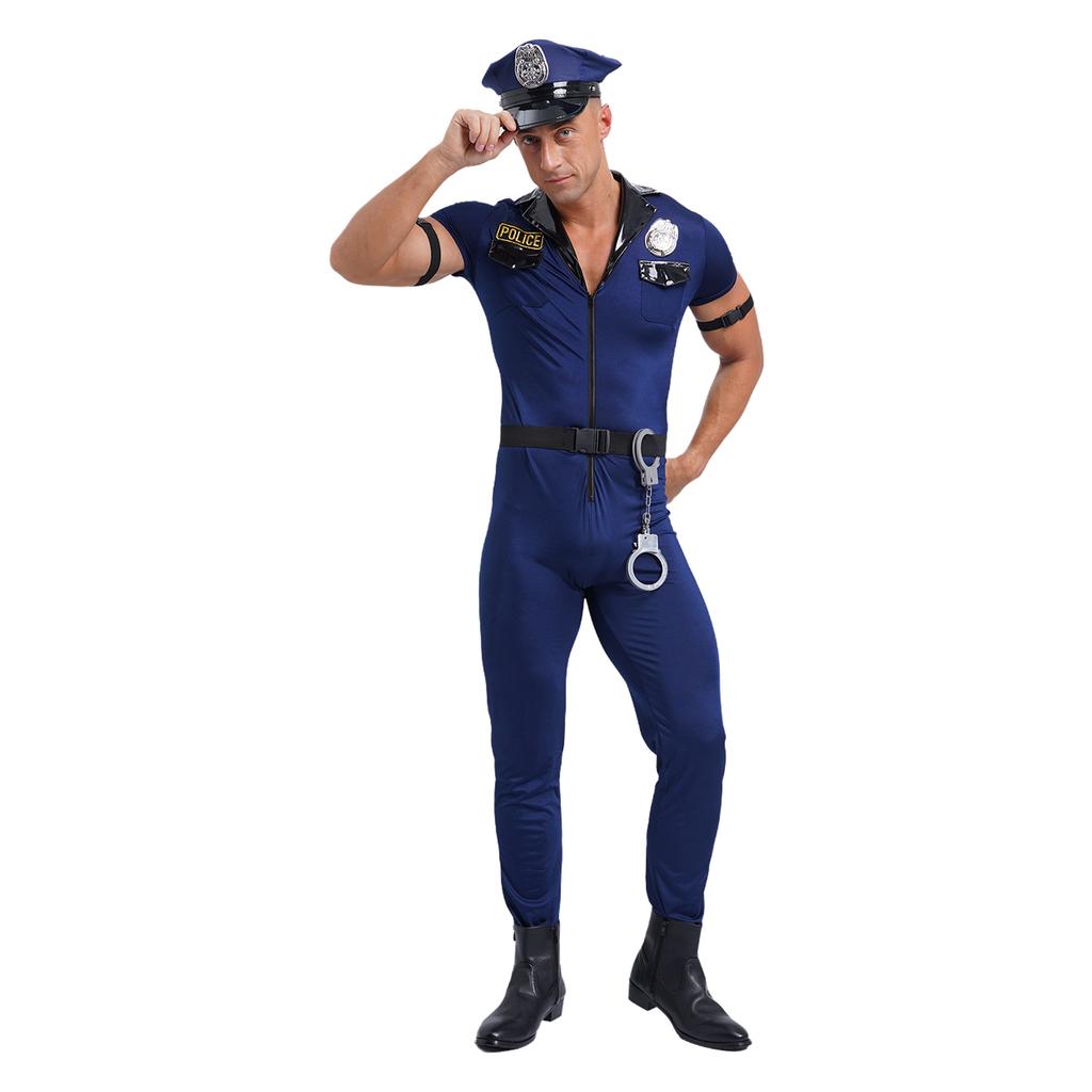 Mens Halloween Police Cosplay Costume Front Zipper Jumpsuit Complete Hat Belt Manacles Badge Seven Piece Cop Set
