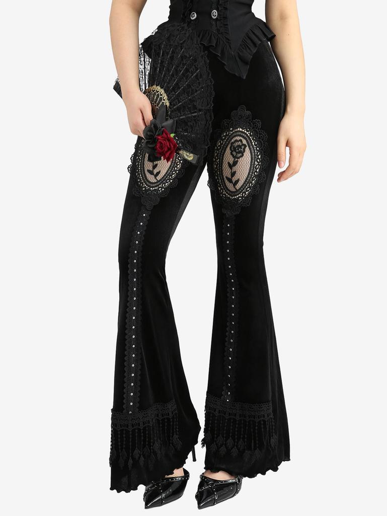 Rosegal Gothic Rose Blume Mesh Applikation Nieten Spitze Besatz Quaste Samt Schlaghose