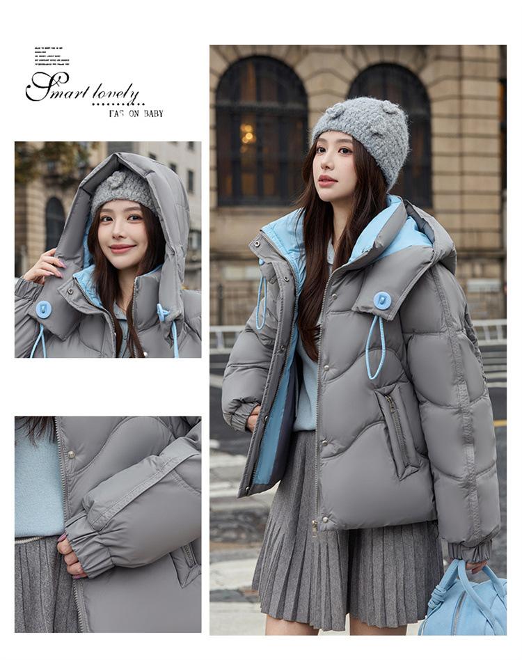Women’s Short Color Contrast Hooded Windproof Thicken Warm Winter Jacket With Raglan Sleeves