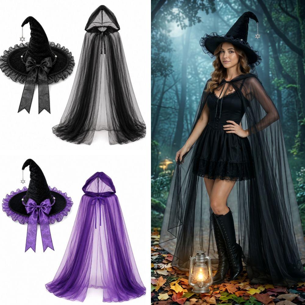 Satin Bow Halloween Witch Hat Cloak Set Hooded Mesh Halloween Cosplay Hooded Cape Costume Accessor