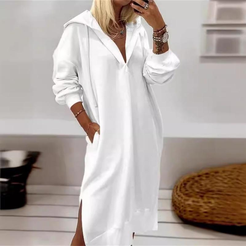 Autumn Winter Solid Loose Casual Hoodies Dress Ladies Simple Fashion Robe Women Pullover Hooded Sweatshirt