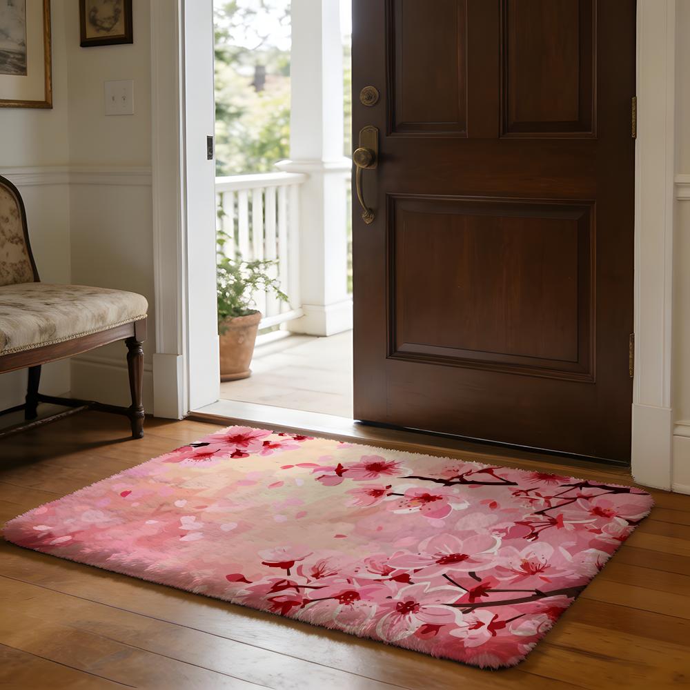 Japanese Cherry Blossom Floor Mat Soft Flannel Absorbent Mat Non-Slip Rug Home Bedroom Bathroom