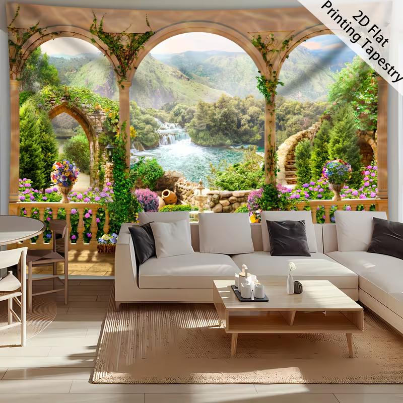 Renaissance Garden Tapestry Waterfall Forest View Balcony Arch Wall Hanging Backdrop