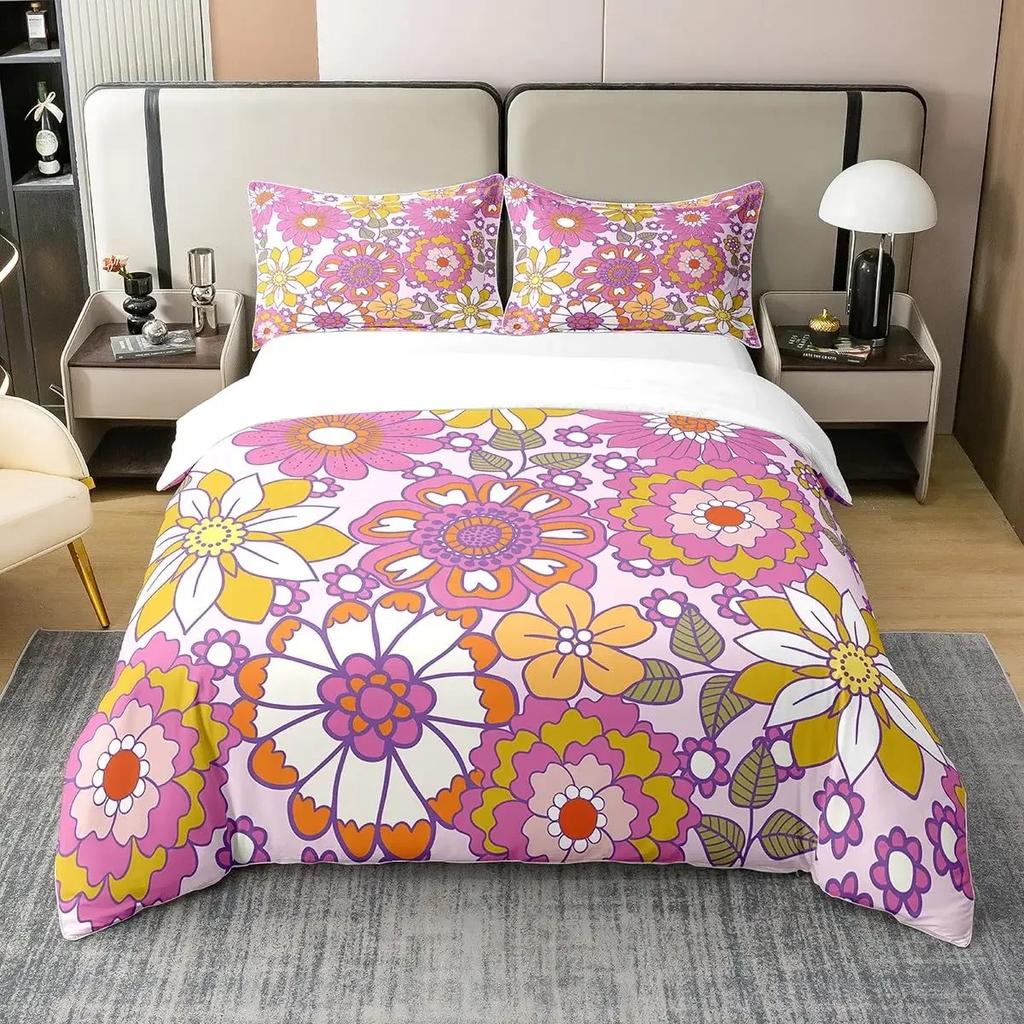 Comforter Vintage Floral Retro Polyester Comforter Colorful Daisy Bedding Set With 2 Pillow Sham Full Size 3 Pieces