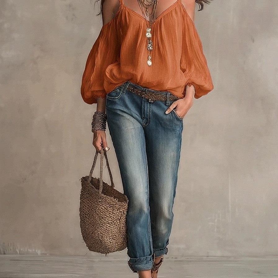 Autumn and winter new European and American women's clothing solid color suspender casual bubble sleeves holiday style top women