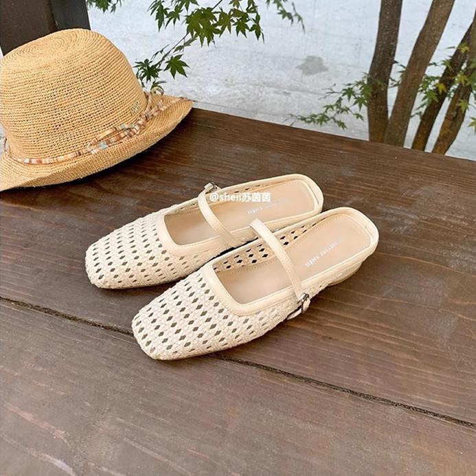 [Grape mother of the same style] Paris vacation~ square head woven thick heel bag head Mary Jane slippers women's half drag sandals