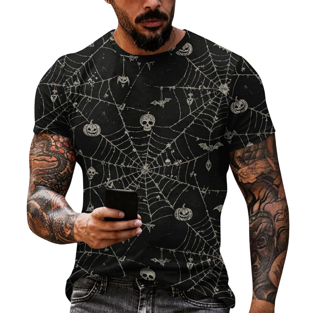 Men's Halloween Graphic Short Sleeve T Shirt Loose Fit Casual Summer Daily Top Spider Web Skull Print Comfortable Tee