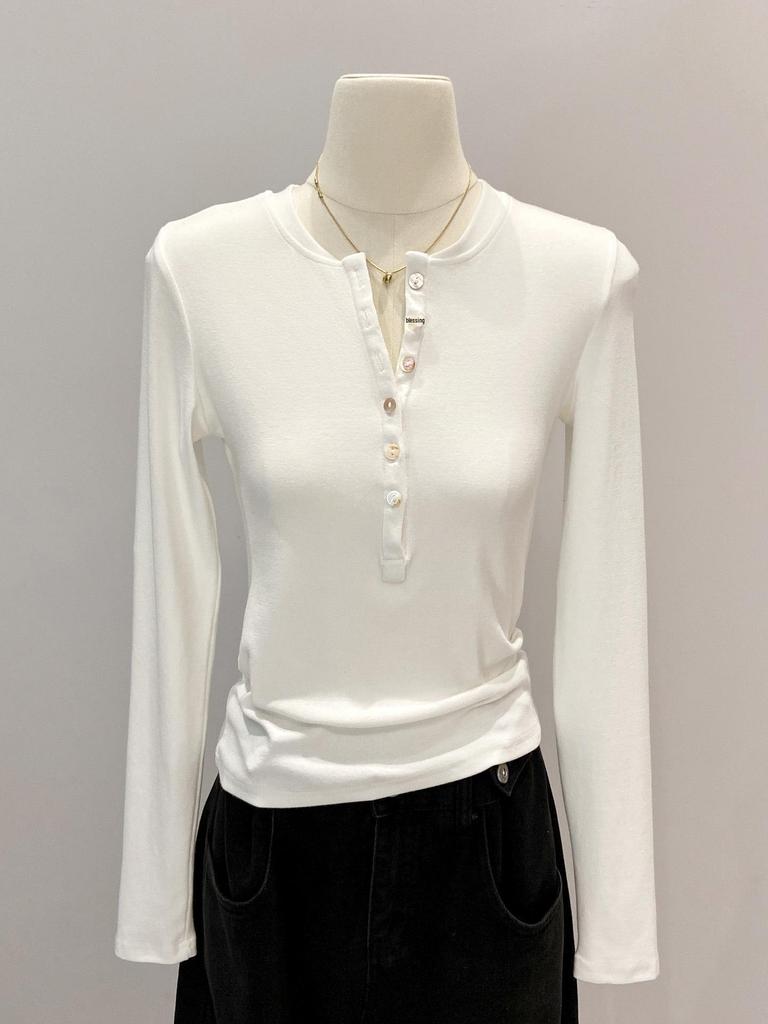 Women's Slim Fit Long Sleeve Henley Collar Mousse Cashmere Top for Spring/Autumn