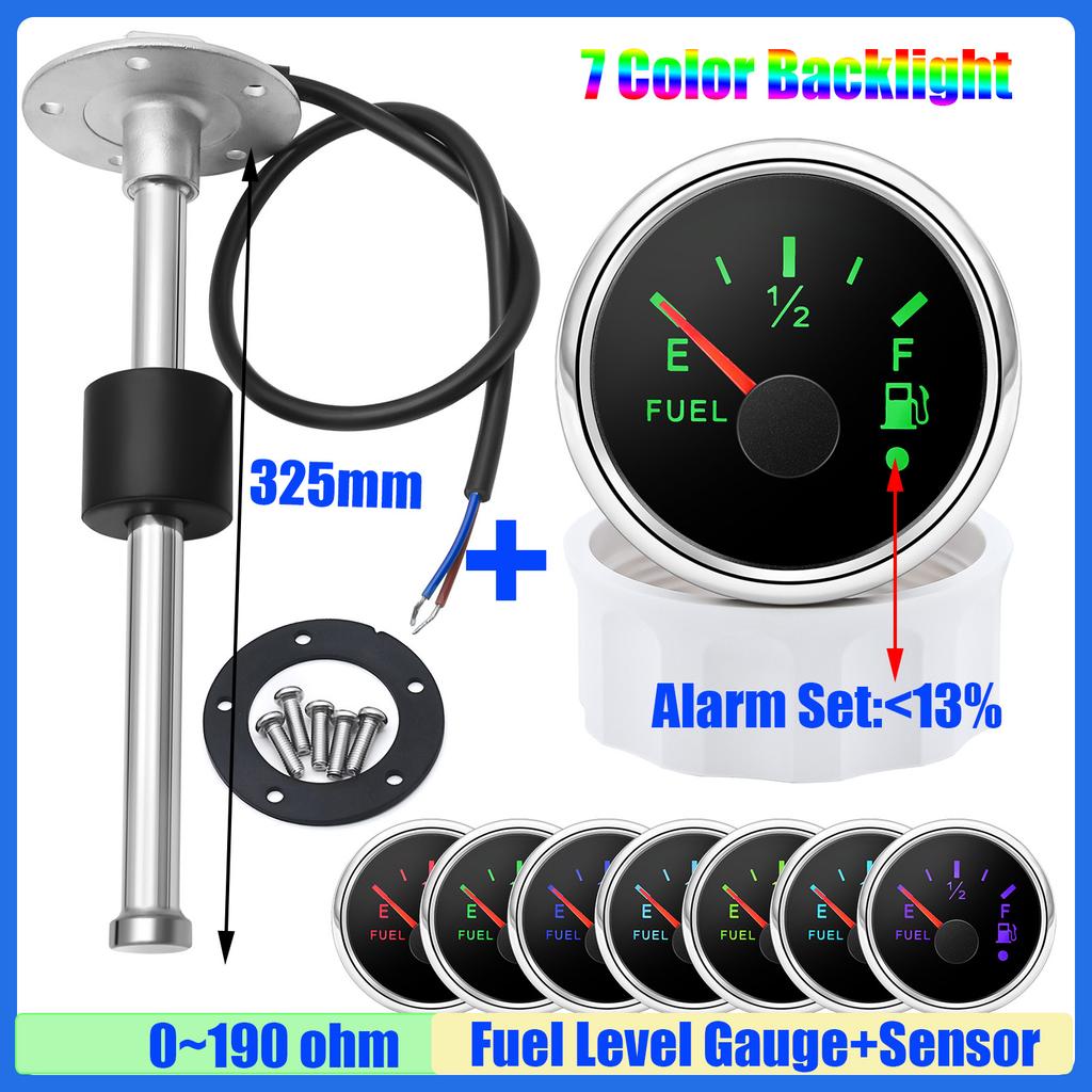 Waterproof 52mm Fuel Level Gauge with Flash Alarm+Oil Float Sensor 0-190 OHM Fuel Tank Meter 7Color LED for Car Yacht 12V Custom