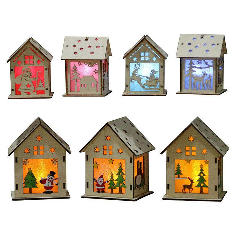 Elegant Led Light Wood House Ornament For Christmas Tree Hanging Decor