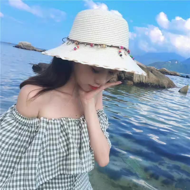 Chapéu de palha com pingente viseira chapéu de proteção solar chapéu de palha de verão feminino chapéu de sol de praia férias à beira-mar idílico