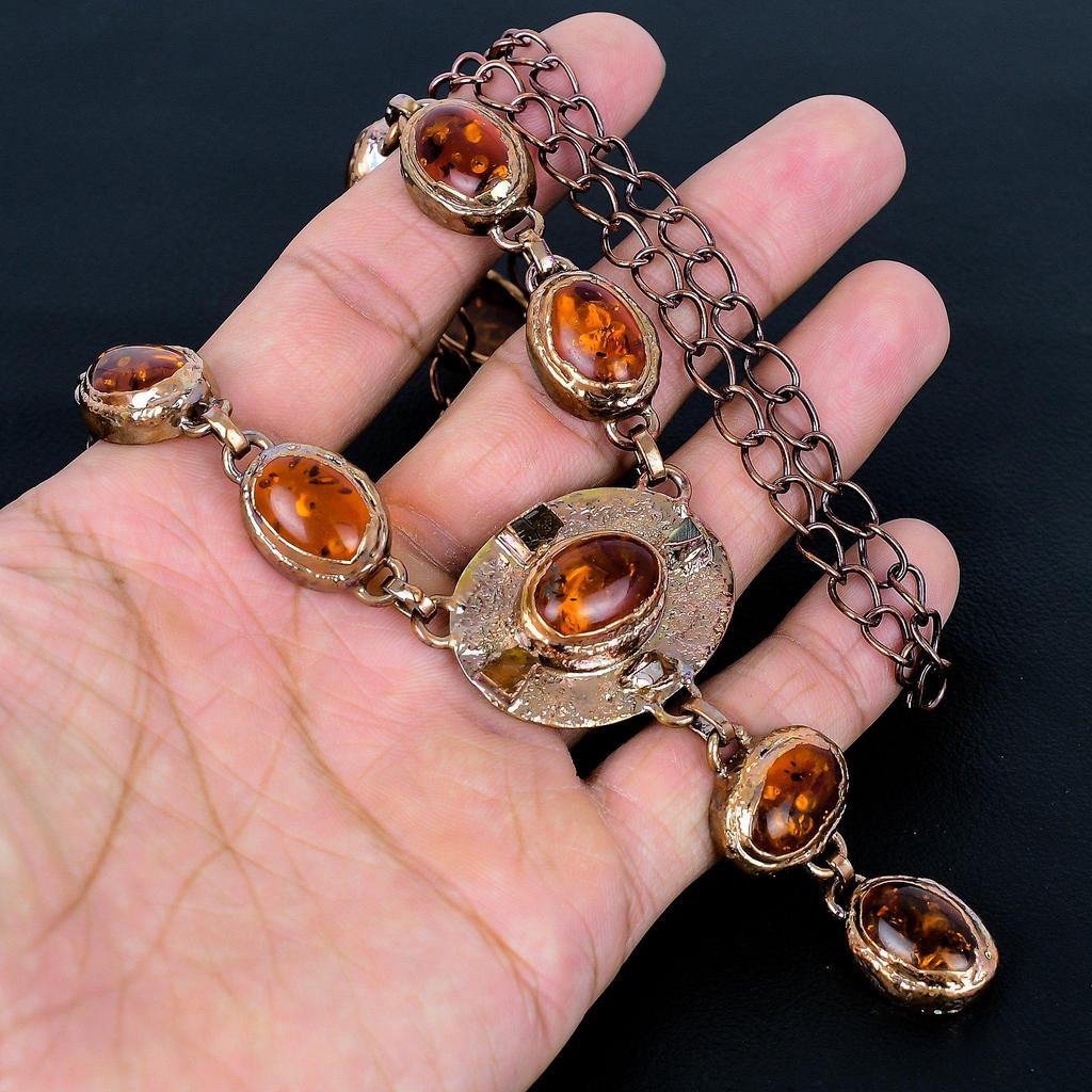 Halsband av baltisk bärnsten, Elektroformade smycken i koppar, Ädelstenshalsband, Gåva till henne Handgjorda nätta smycken