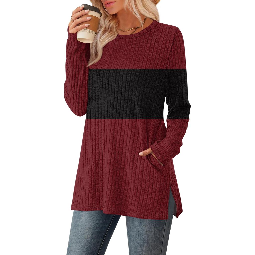 Womens Sweaters Crewneck Long Sleeve Shirts With Pockets Fall Outfits Fashion Winter Clothing Side Slit