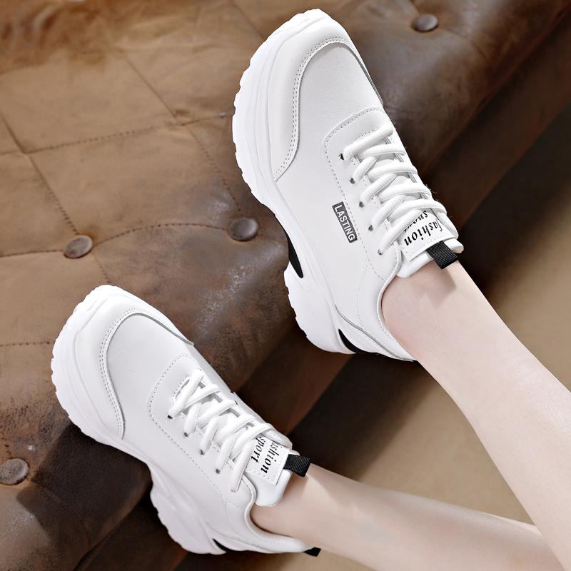 Women PU Leather Chunky Shoes Woman Platform Height Increased Sneakers 4CM Thick Sole Wedges White Casual Comfortable Vulcanized