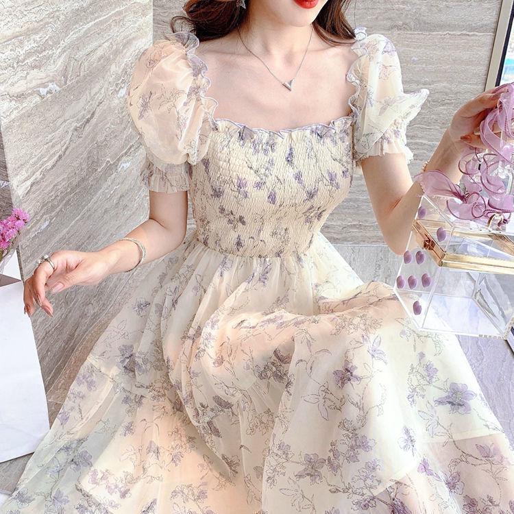 2025 Summer Floral Chiffon Dress: Puff Sleeve, Waist-Slimming, Short Sleeve