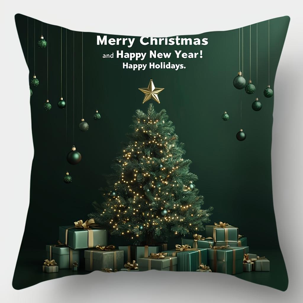 4pcs Christmas Throw Pillow Covers Green Wreath Christmas Tree Gift Pattern Double-Sided Printed Cushion Cases No Insert, Xmas Decor Pillowcases for L