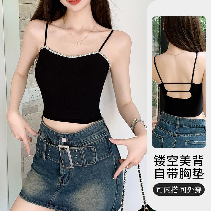 Point Drill with Chest Pad, Sling Vest, Women's Inner Underwear, Slim-fitting Outer Wear, Short Hollow Back Bottoming Top