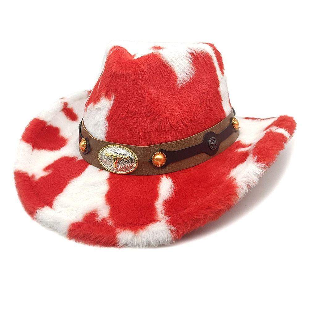 Metal Badge Faux Fur Hat Windproof Cowgirl Hat Vintage Western Cowboy Hat  Winter Wear