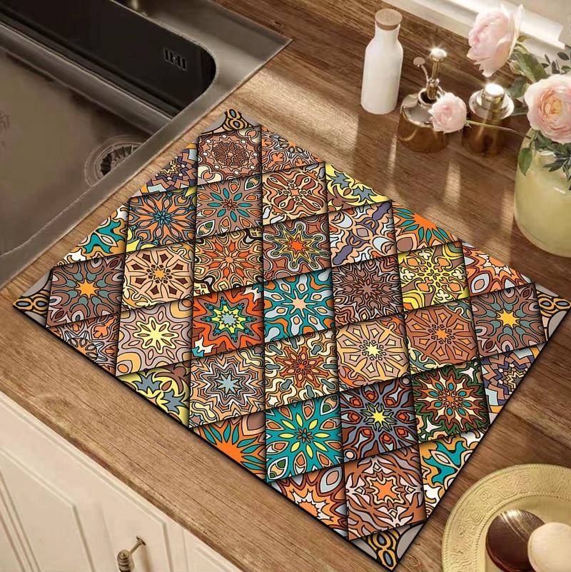 Retro Persian Pattern Drain Mat Fridge Top Non-slip Diatom Protector Mat Coffee Drain Pad Table Placemats for Home Decoration