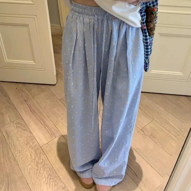 Women s Elastic Waist Gingham Floral Embroidered Wide Leg Pants S синий