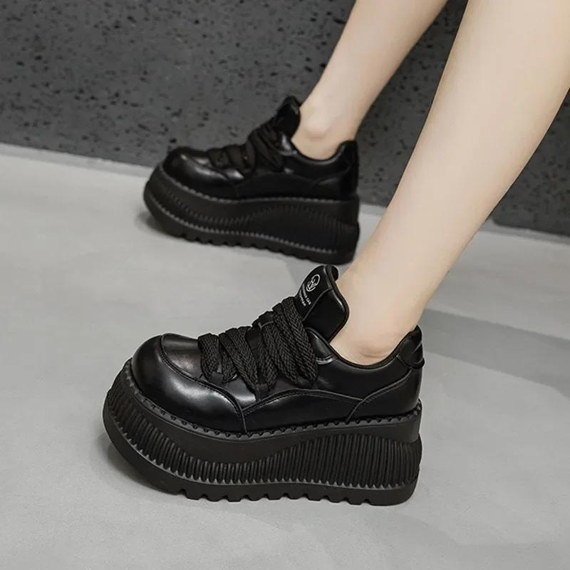 Fashion 9CM NEW Microfiber Leather Vulcanize Summer High Brand Comfy PUNK 2024 Spring Autumn Platform Women Chunky Sneaker Loafer Shoes