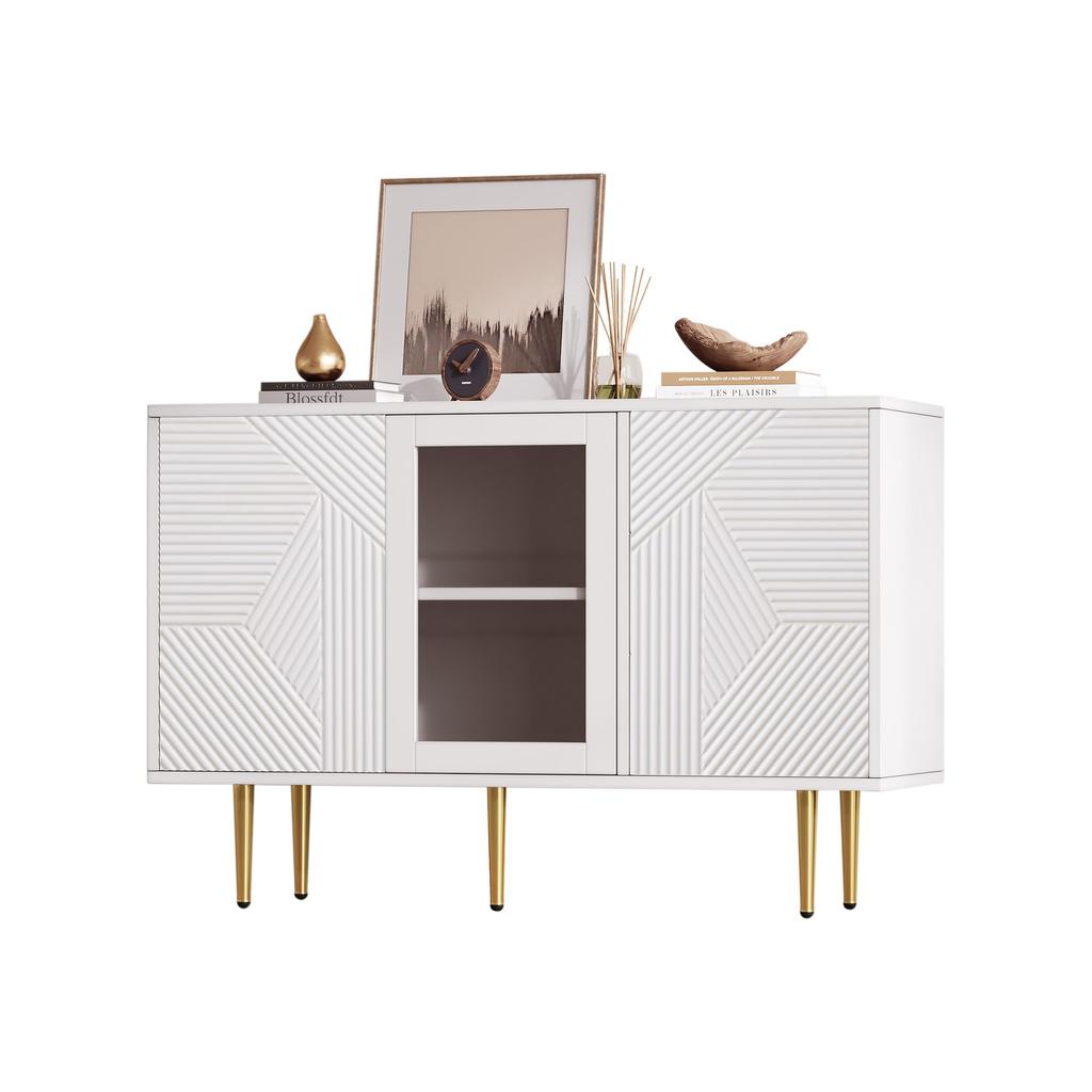 Sideboard mit 3 Türen, Kommode mit Glastür und Metalfüßen Buffetschrank für Esszimmer Wohnzimmer oder Flur, 120x38 x79.5 cm, Weiß
