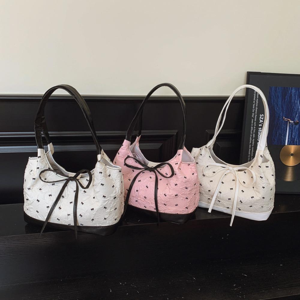 Sweet Bow Handbag Contrast Color Simple Versatile Shoulder Bag Korean Style Luxury Design Women Underarm Bag Commuting Tote Bag