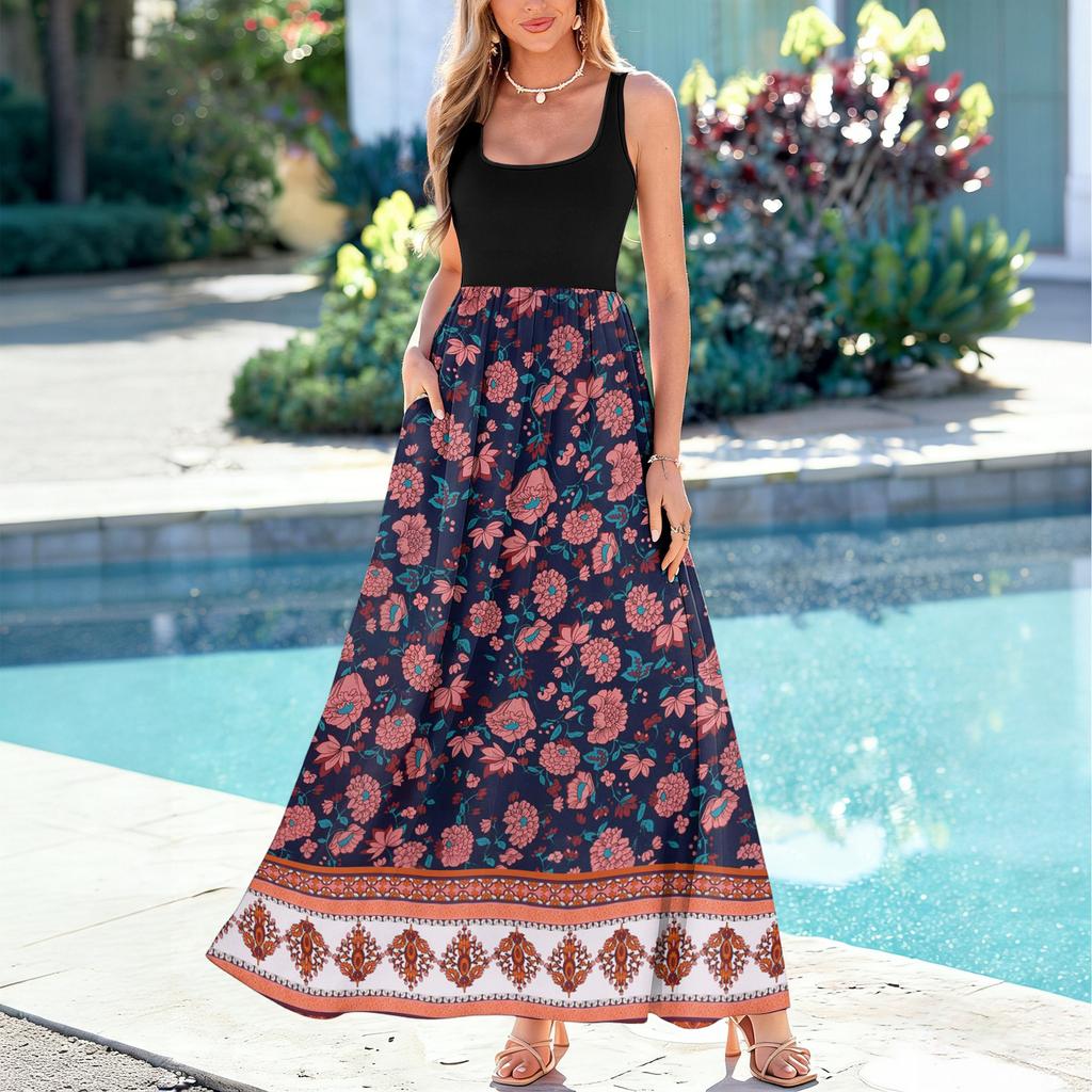 Dames zomerse casual en modieuze mouwloze lange jurk met bloemenprint