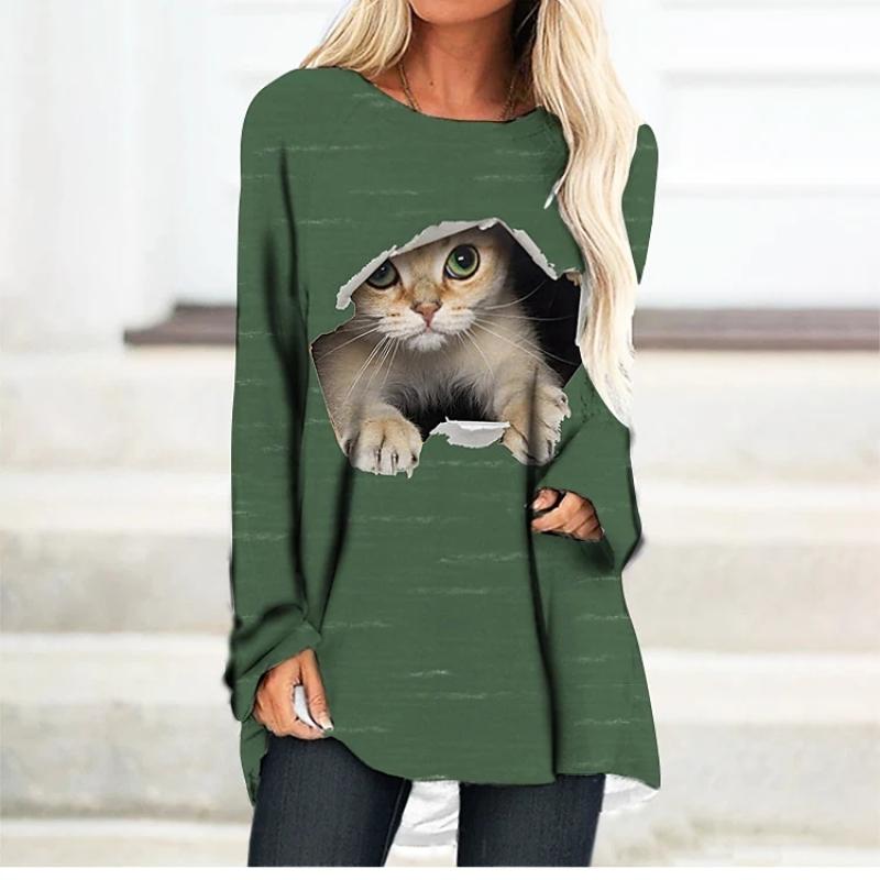 Women's Tops T Shirt Tee Cute Cat Painting Sweatshirt Holiday Home Casaul Weekend Long Sleeve Round Neck Essential Basic XS-8XL