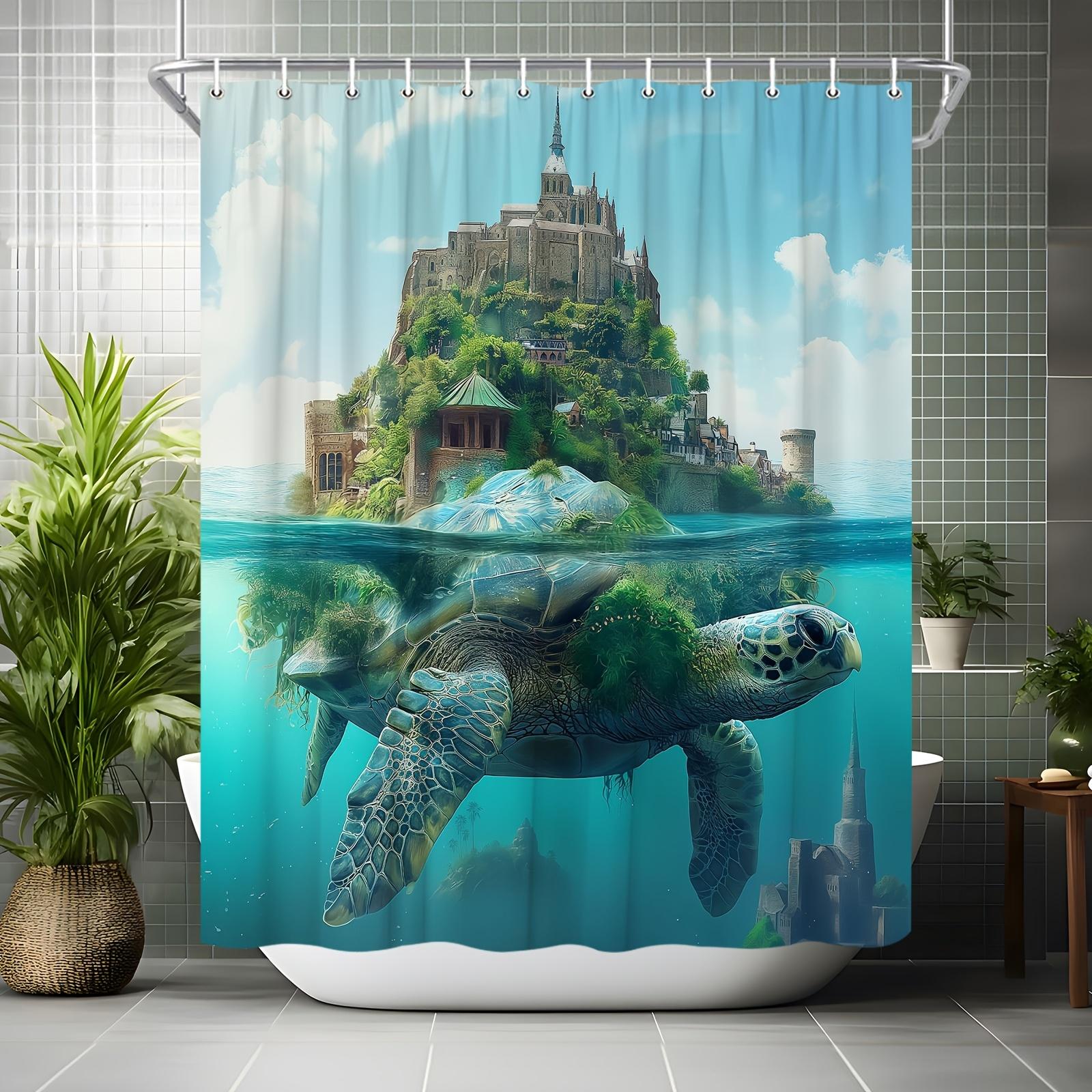 

Fantasy Turtle Island Bath Curtain - Underwater Castle & Ocean Life, Waterproof Home Decor Adds Magical Vibes to Your Bathroom W90XH180cm
