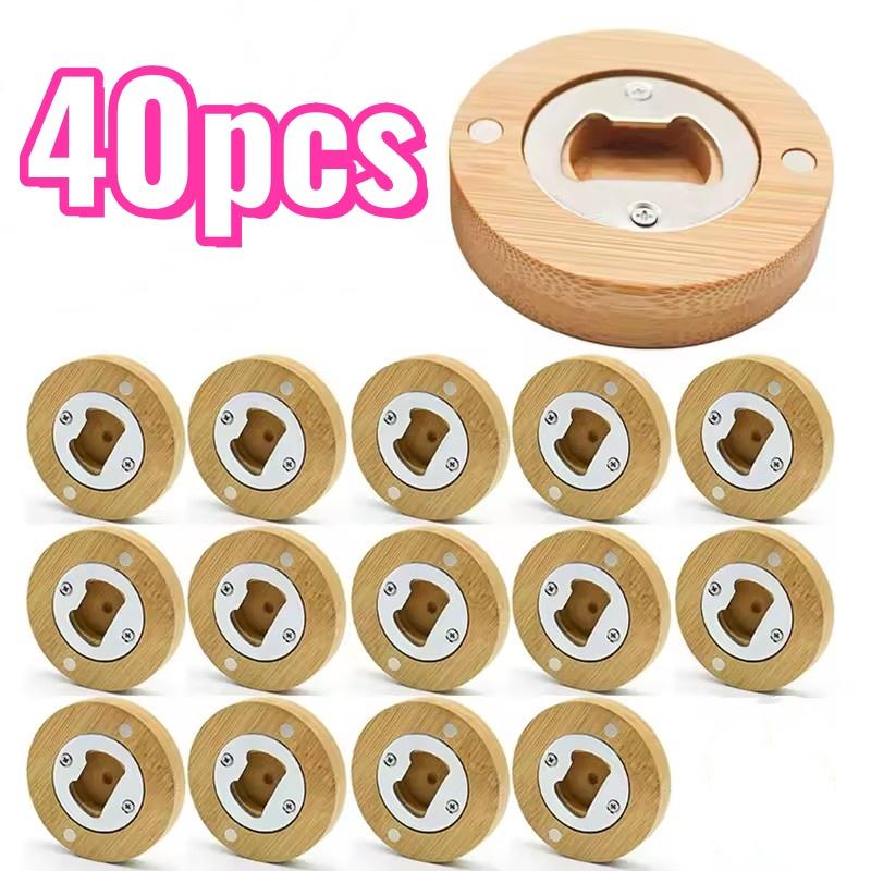 

40Pcs Round Bamboo Bottle Openers Refrigerator Fridge Magnet Beer Opener for Home Kitchens Bars Parties