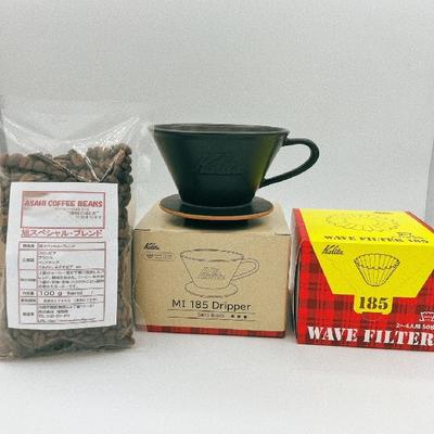 Kalita MI185 Coffee Beans and Paper Set Kalita Mino Ware X Wave Dripper Ceramic Cups Dedicated Roshi 50P 3-Piece 2-4 KWF-185 ((Sand Black), Beans)
