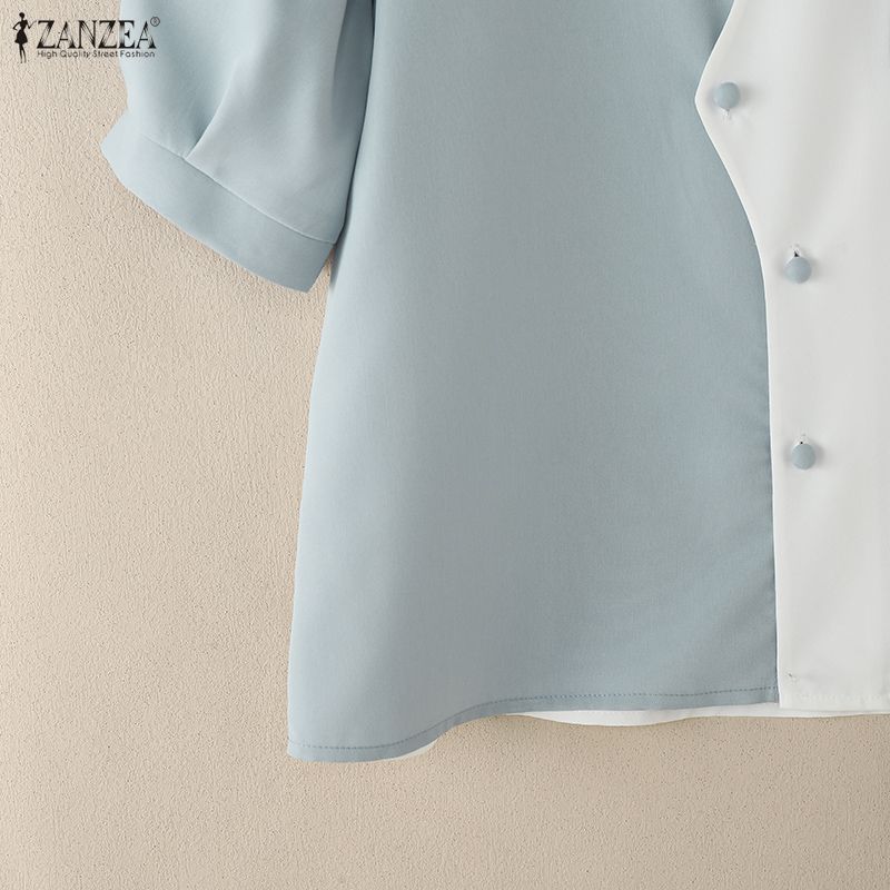 ZANZEA Women Turn Down Collar Summer Half Sleeve Patchwork Blouse