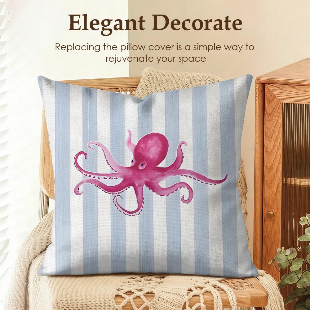Ocean Life Theme Striped Cushion Cover Natural Linen Organic Fabric DoubleSided Printing Sofa Home Decor Gift Pillow Case