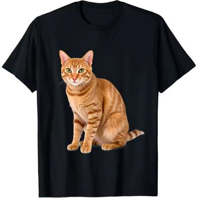 Black Short Sleeved T Shirt for Men and Women, Cute Orange Tabby Cat Print, Summer Trendy Street Fashion Casual T Shirt