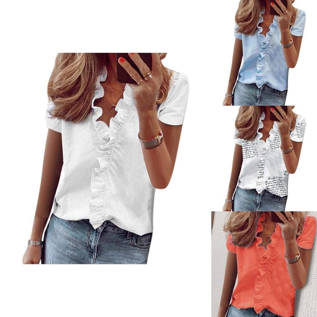 Stylish Women's V Neck Ruffle Short Sleeve T Shirt With Fashionable Daisy Print