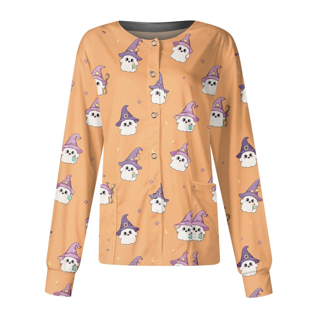 Women's Halloween Print Long Sleeve Button Front Cardigan for Costume Party and Casual Outwear