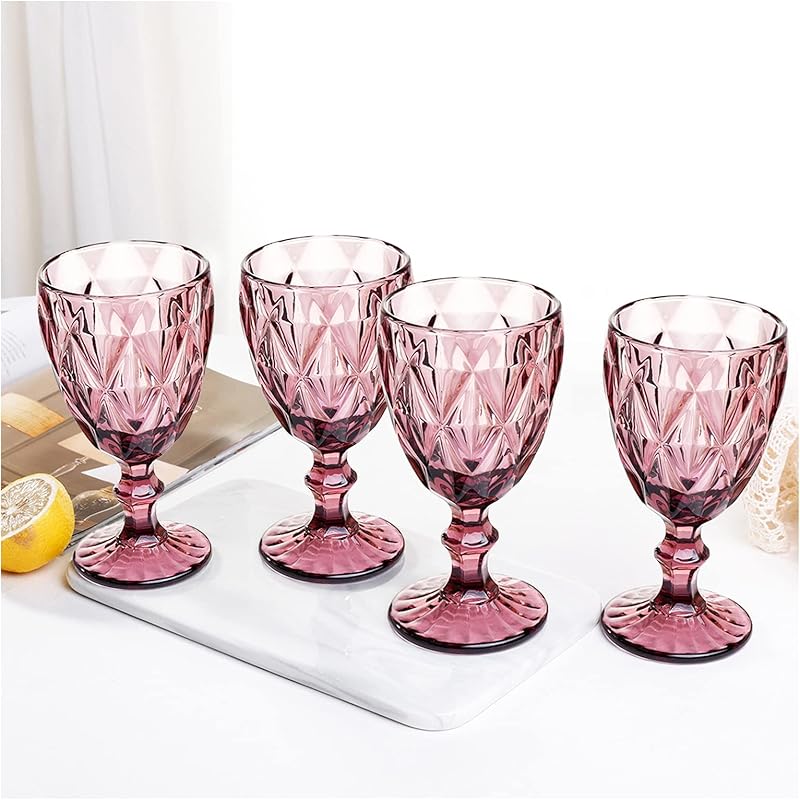 Vintage Wine Glasses Set of 4, Plastic Reusable 12 Ounce Colored Water Goblets, Unique Embossed Pattern Unbreakable Stemmed Wine Glasses, High Clear