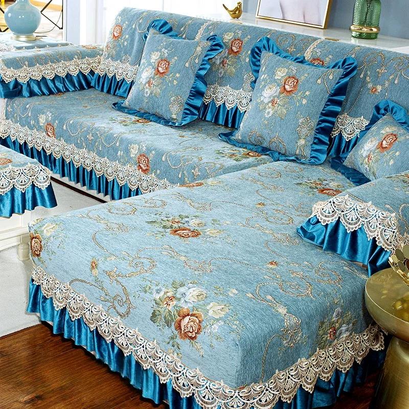Tapete de sofá de chenille de luxo estilo europeu, tecido com flores grandes, almofada de assento antiderrapante, capa de sofá de madeira maciça de inverno com cobertura total