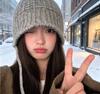 Autumn and winter new lace-up knitted bucket hat women's thick wool showing face small bucket hat strap thermal basin hat