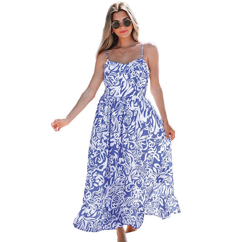 

2025 Floral Spaghetti Strap Maxi Dress - High-Waisted Beach Vacation Style for Women Small