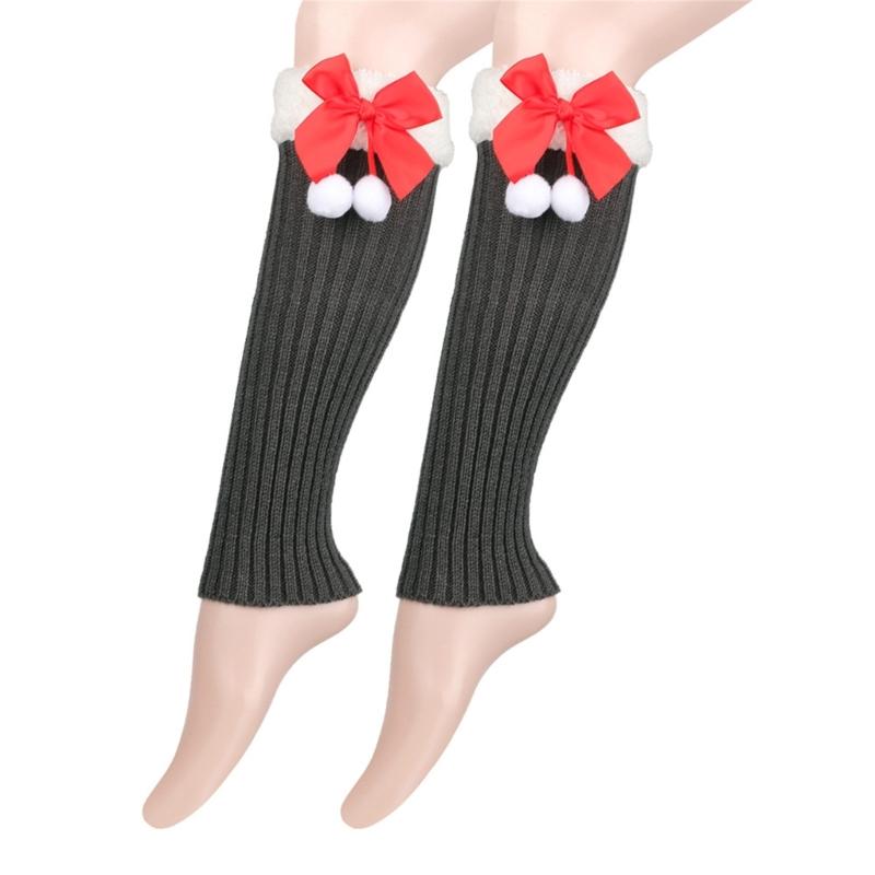 Christmas Fleece Trim Warm Leg Warmers Sweet Plush Balls Bows Knitted Boot Covers Festival Footless Socks for Women