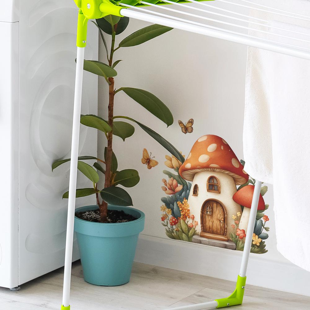 Stickers Dessin Animé Maison Champignon Fleur et Papillon Salle de Bain Décoration de la Maison et Embellissement