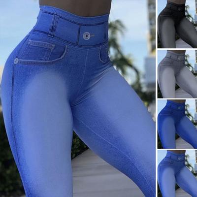 Hohe Taille Taschen Bauchkontrolle Butt Lifting Fitness Leggings Farbverlauf Push Up Jeansimitat Skinny Damen Yogahose Activewear