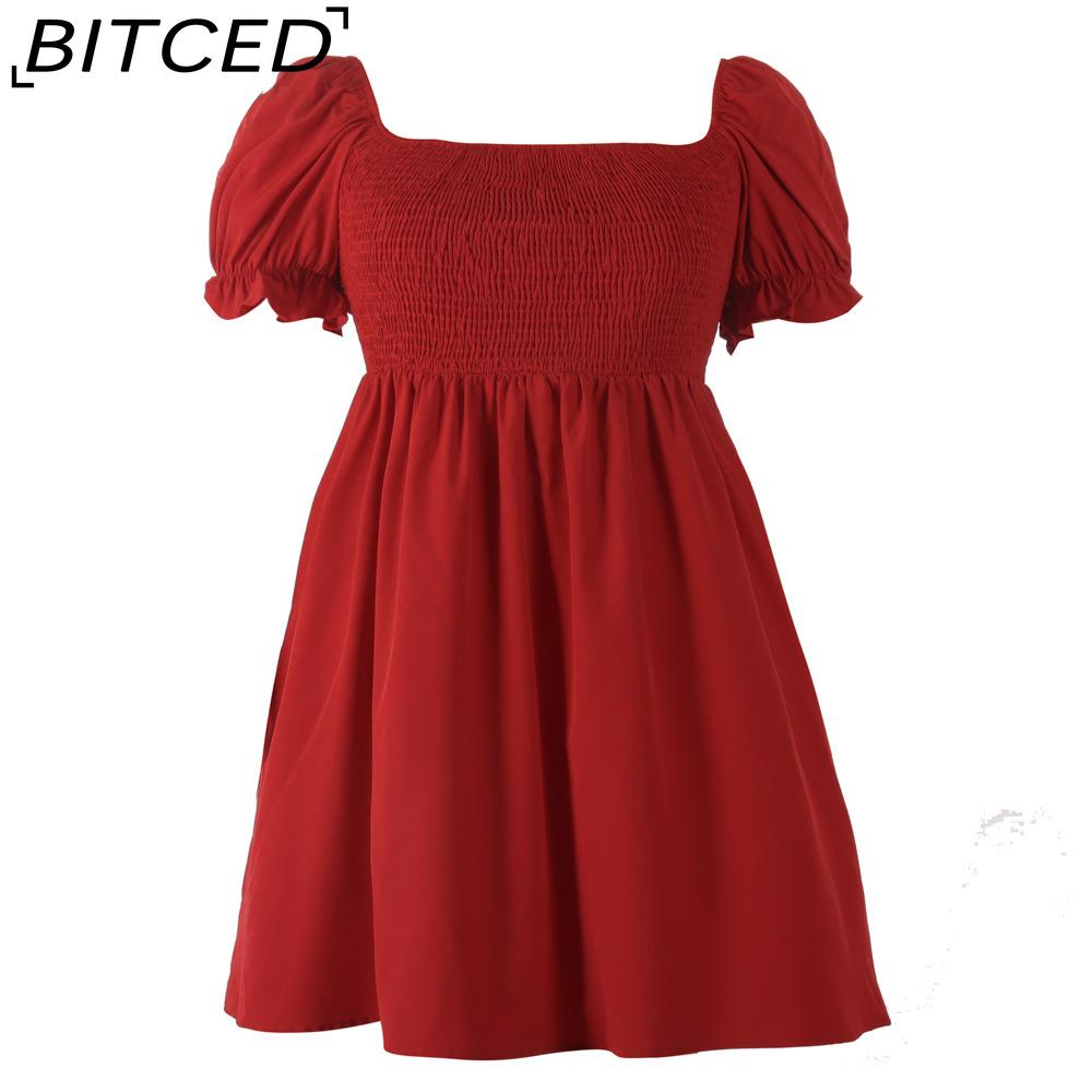 BITCED Plus Size Solid Color Casual Resort Dress Travel Square Neckline Ruffled Puff Sleeve Dress