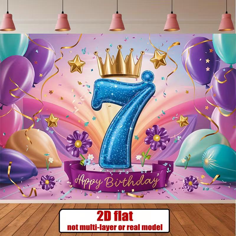 2D Happy 7th Birthday Backdrop Purple Teal Balloon Party Photo Banner