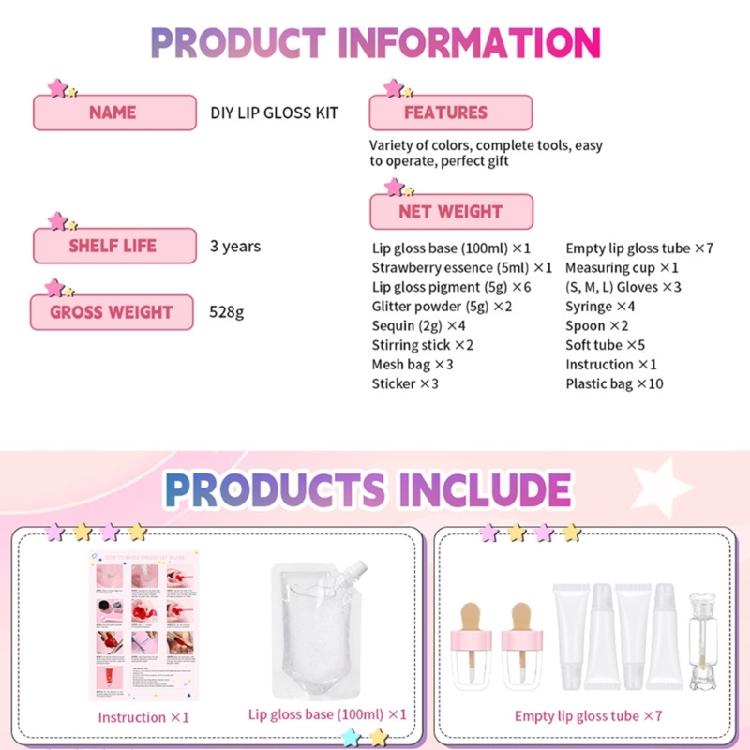 Handcraft Lip Gloss Kits Set with Accessories for Girl and Tweens Moisturizing Glitters Lip Kits for Creative Project