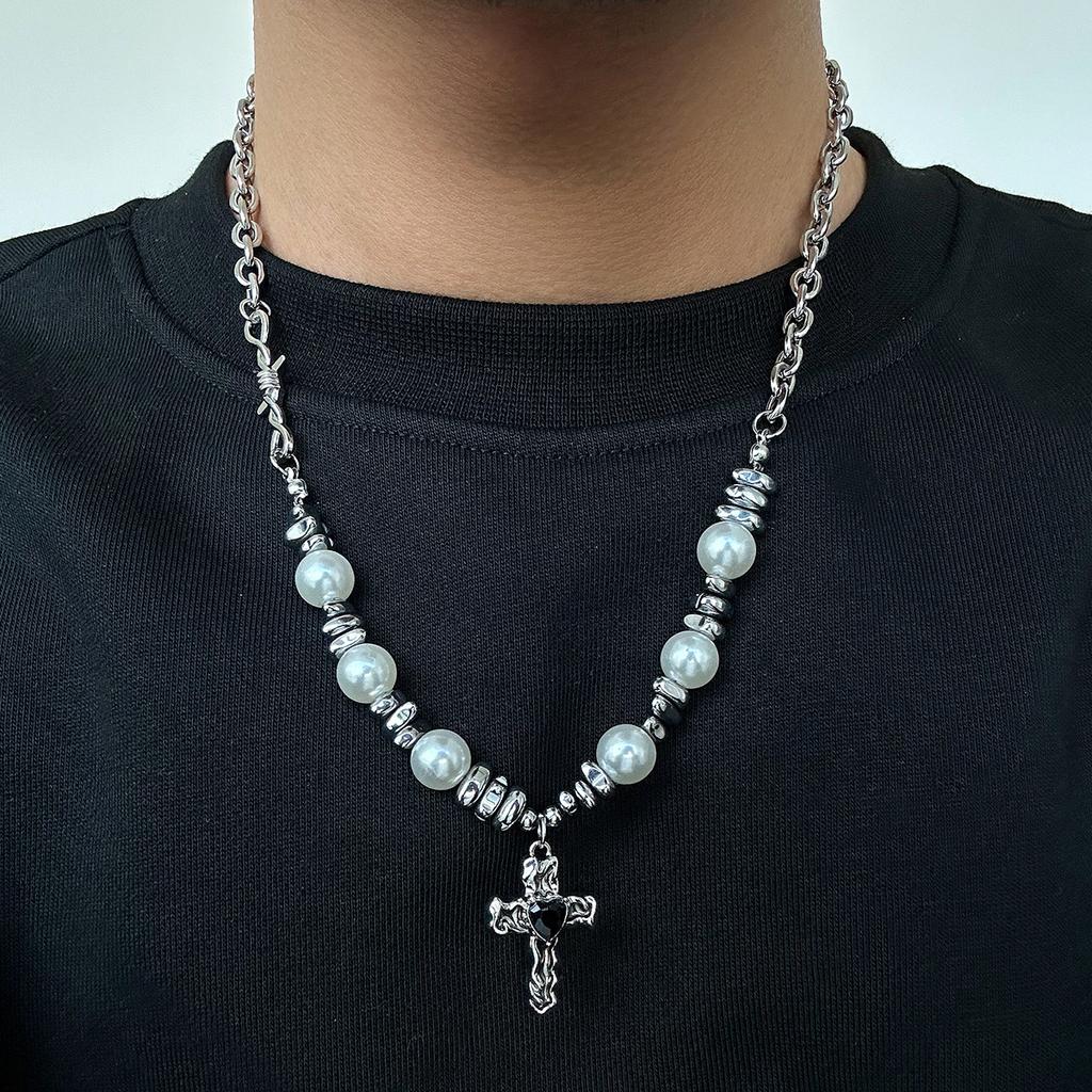 IngeSight.Z New Love Heart Pendant Necklace for Men Trendy Stainless Steel Cross Choker Necklace Male Punk Hip Hop Neck Jewelry